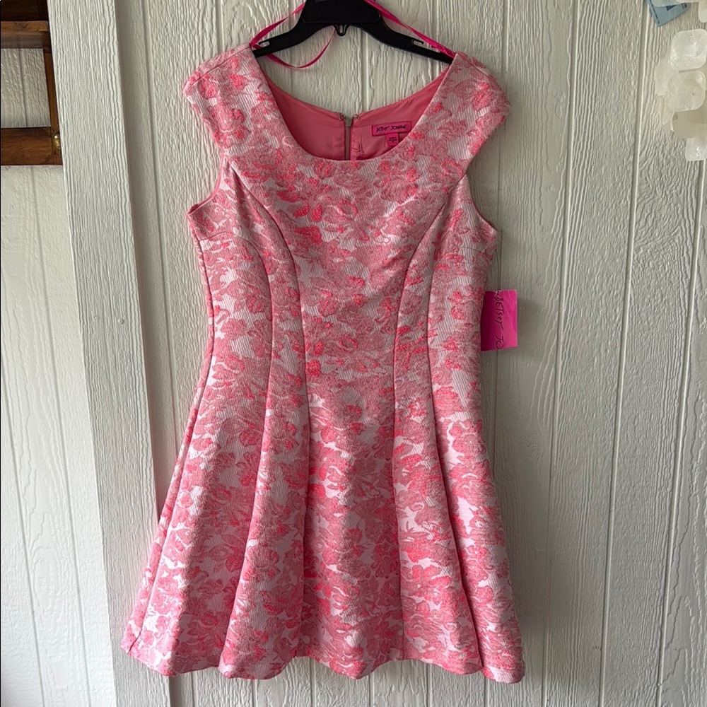 New NWT Betsey Johnson Pink Jaquard Brocade Floral A-line flar Dress sz 10